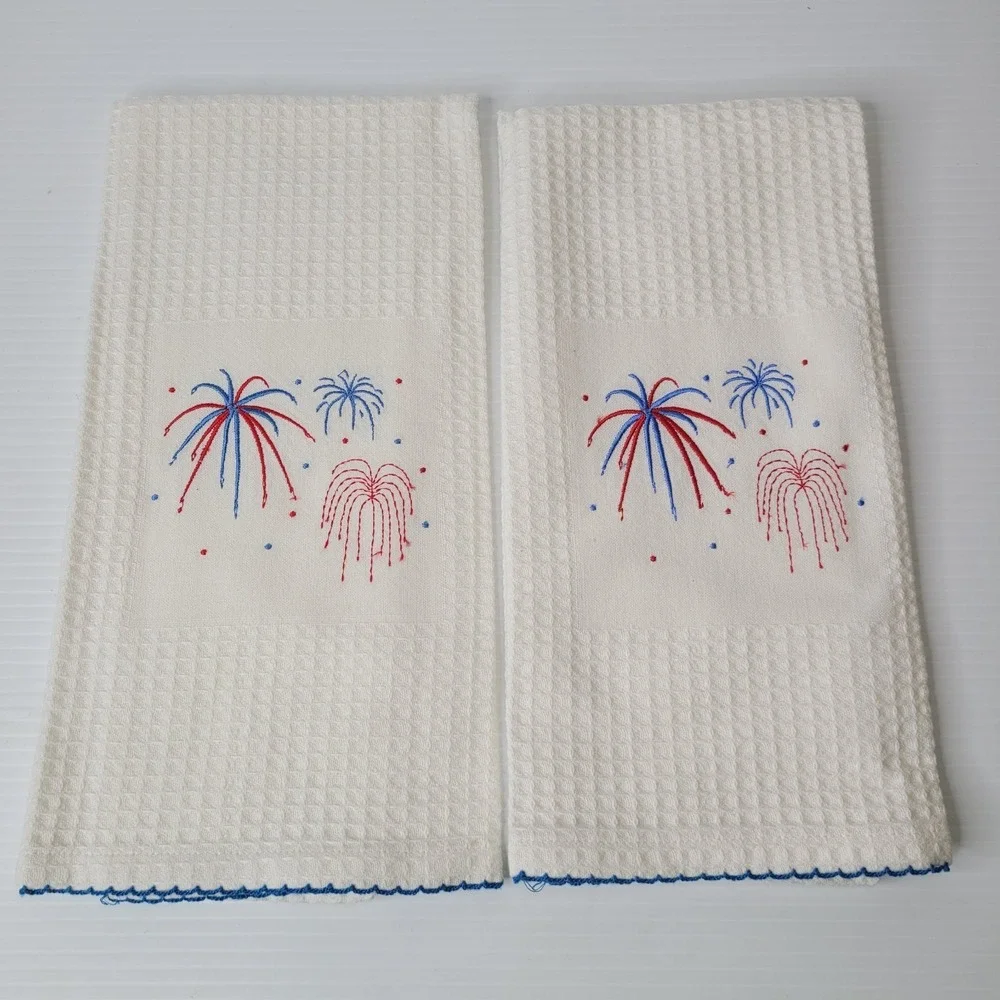 TAG Brand Dish Towel Embroidered Fireworks USA Patriotic Design White NEW RARE